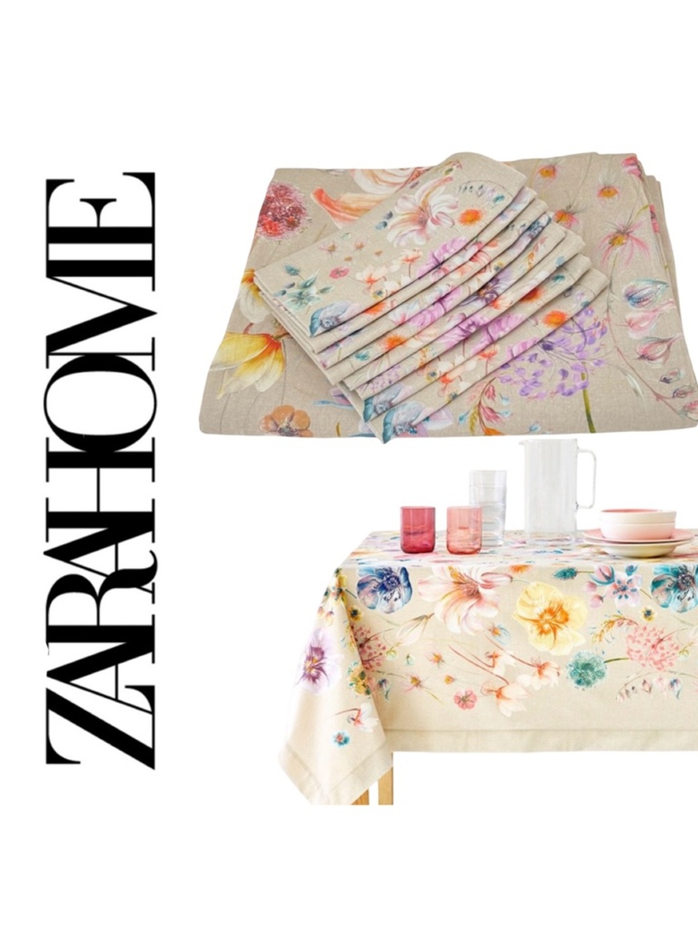 ZARA Home floral tablecloth + 8 napkins set - oblong 92”x 57”